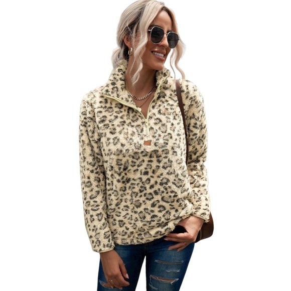 Women Leopard Quarter-Zip Fleece Sweatshirt - Picture 3 of 5